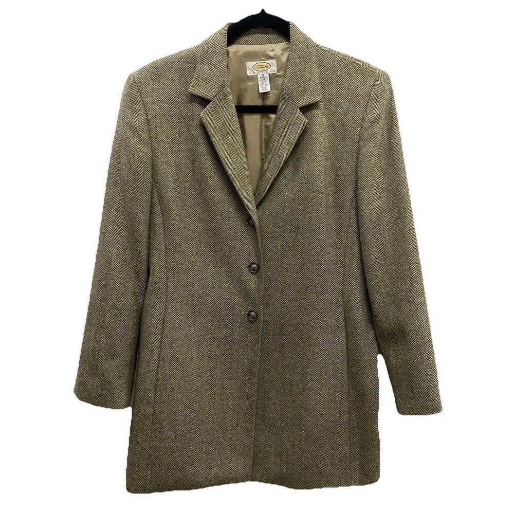 Talbots Herringbone Blazer Women's US 12 Green 3 Button USA Wool Silk Blend